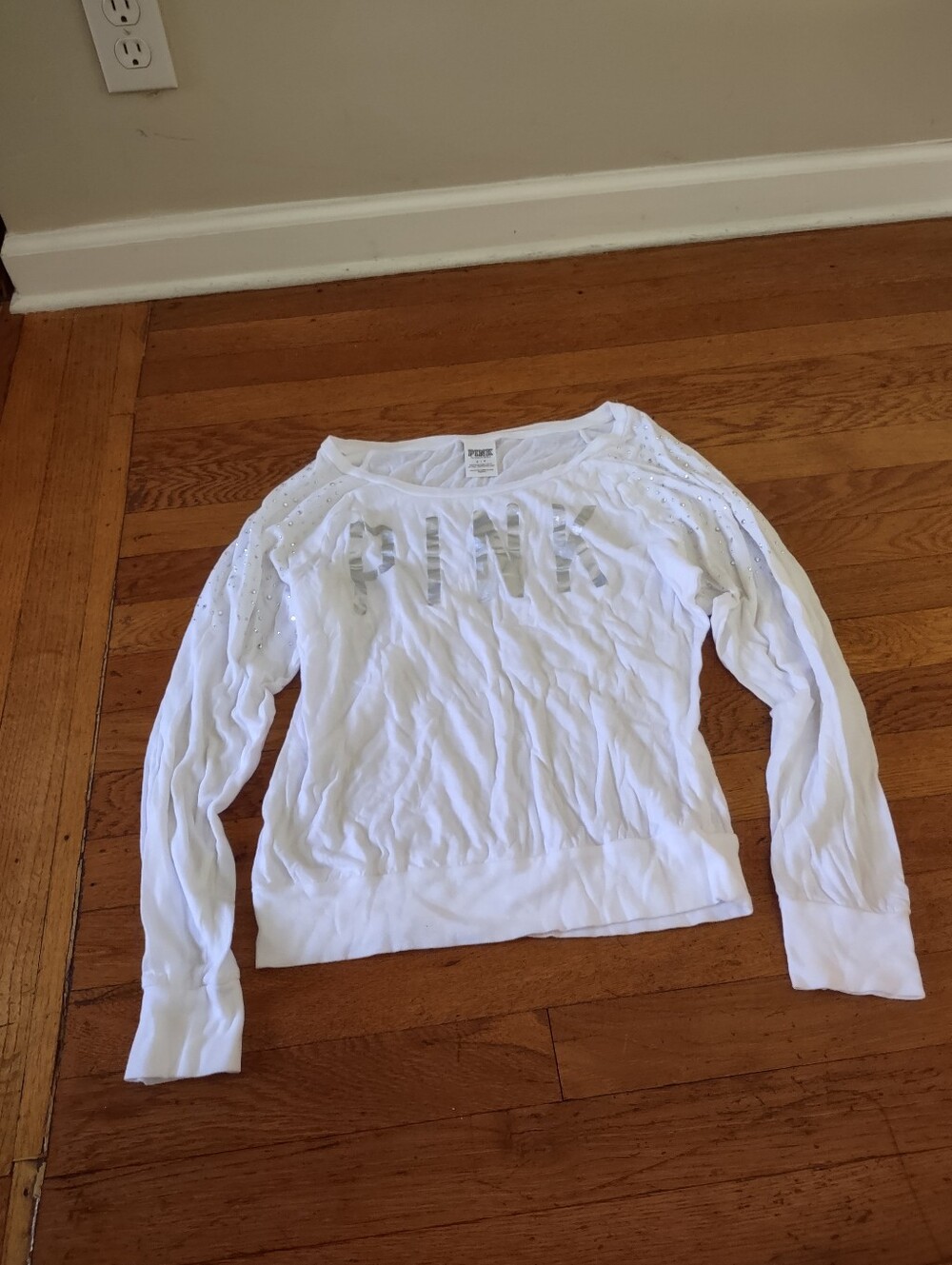 pink victoria's secret white long sleeve top rhinestone shoulders small